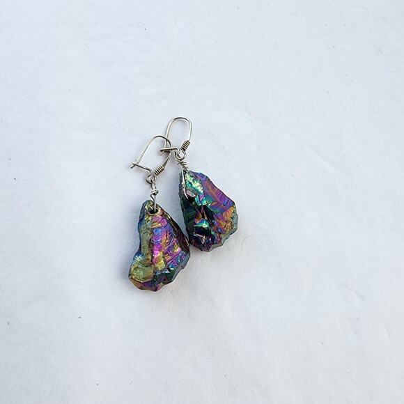 Handmade Sterling Silver Earrings Long Natural Stone Titanium Quartz AB Teardrop - Picture 4 of 5